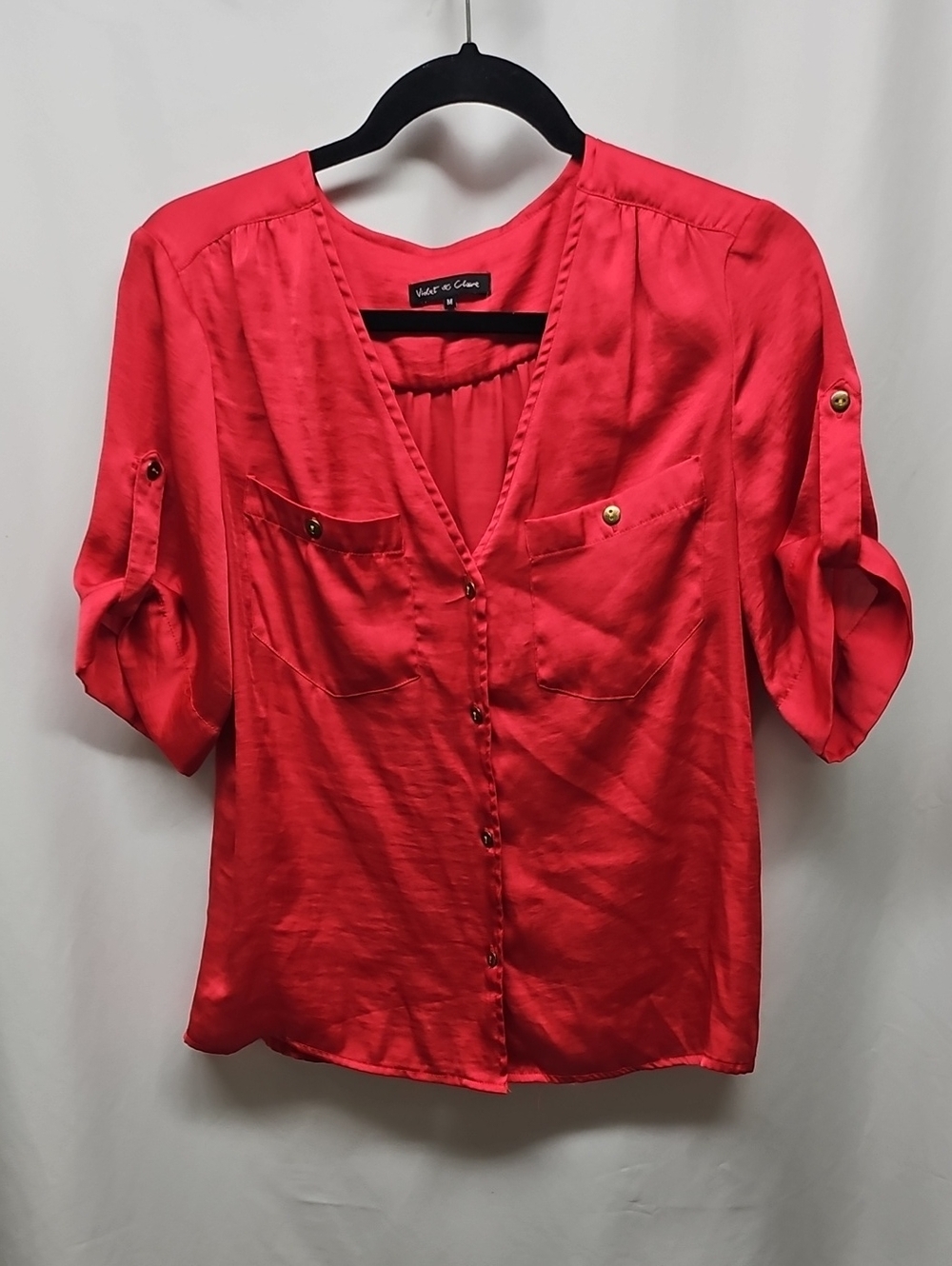 Violet & Claire Bright Red V-Neck Button-Front Blouse